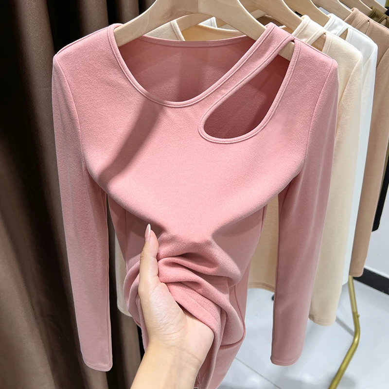 粉色德绒打底衫女爆款2024新款秋冬粉色长袖性感保暖修身内搭上衣