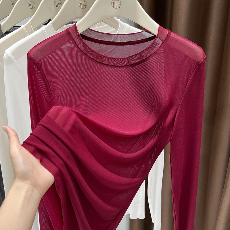 网纱安可拉红长袖修身T恤女2024秋季内搭薄透蕾丝圆领打底衫上衣