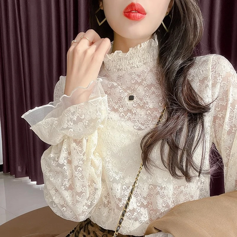 杏色花边半高领长袖打底衫上衣女2025秋季喇叭袖修身透视蕾丝小衫