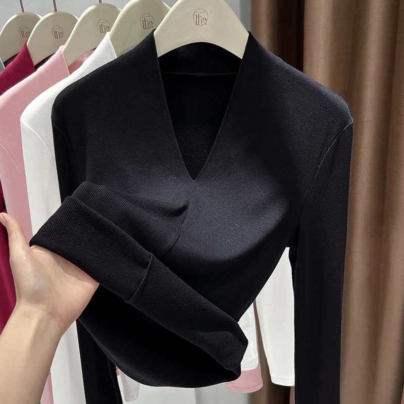 设计感螺纹针织V领打底衫女2025秋冬新款内搭气质V领内搭时尚小衫