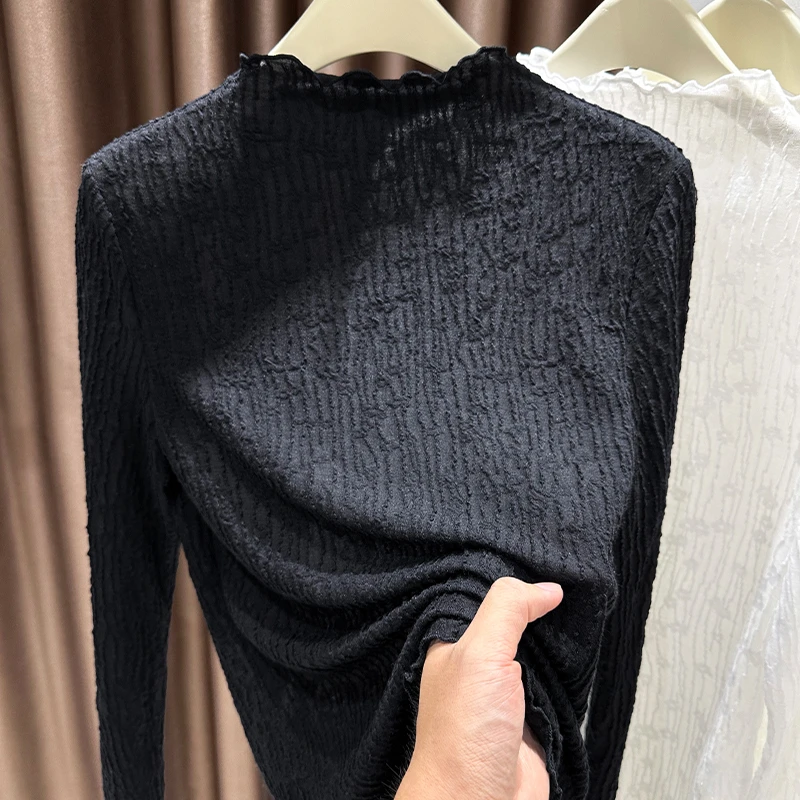 时尚小众设计感T恤木耳边薄纱拼接上衣秋季半高领长袖镂空蕾丝衫