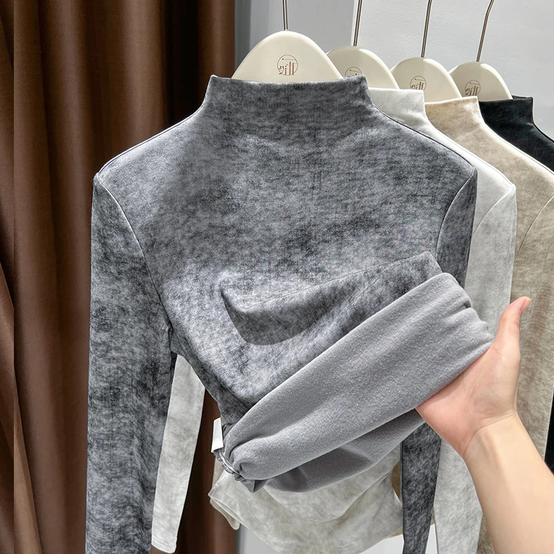 秋冬爆款加绒加厚磨毛打底衫女2025新款灰色扎染半高领保暖针织衫