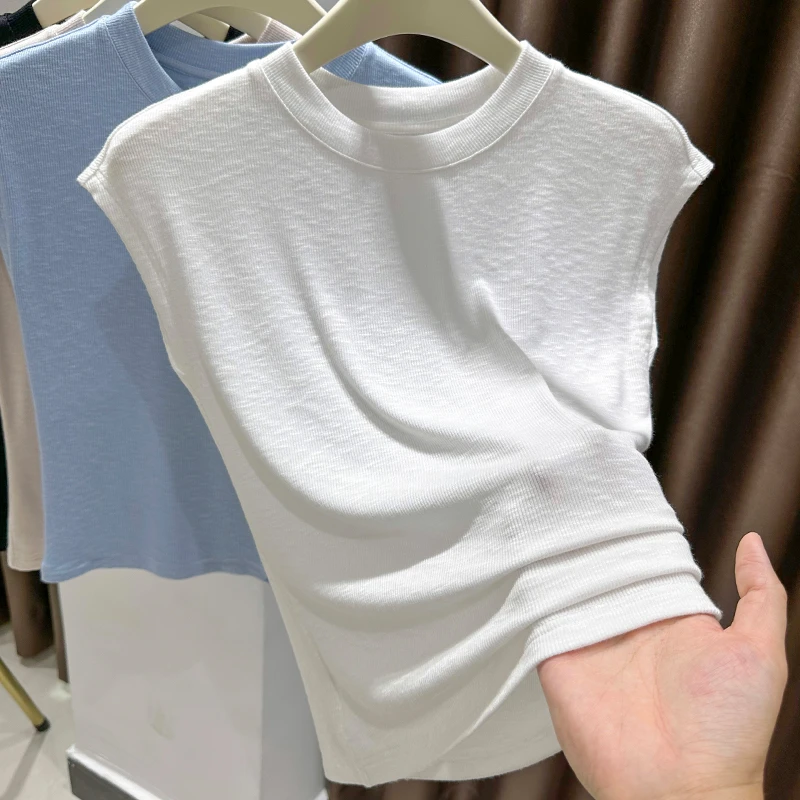 白色圆领冰丝无袖针织衫上衣外穿2024夏季吊带背心小飞袖T恤小衫