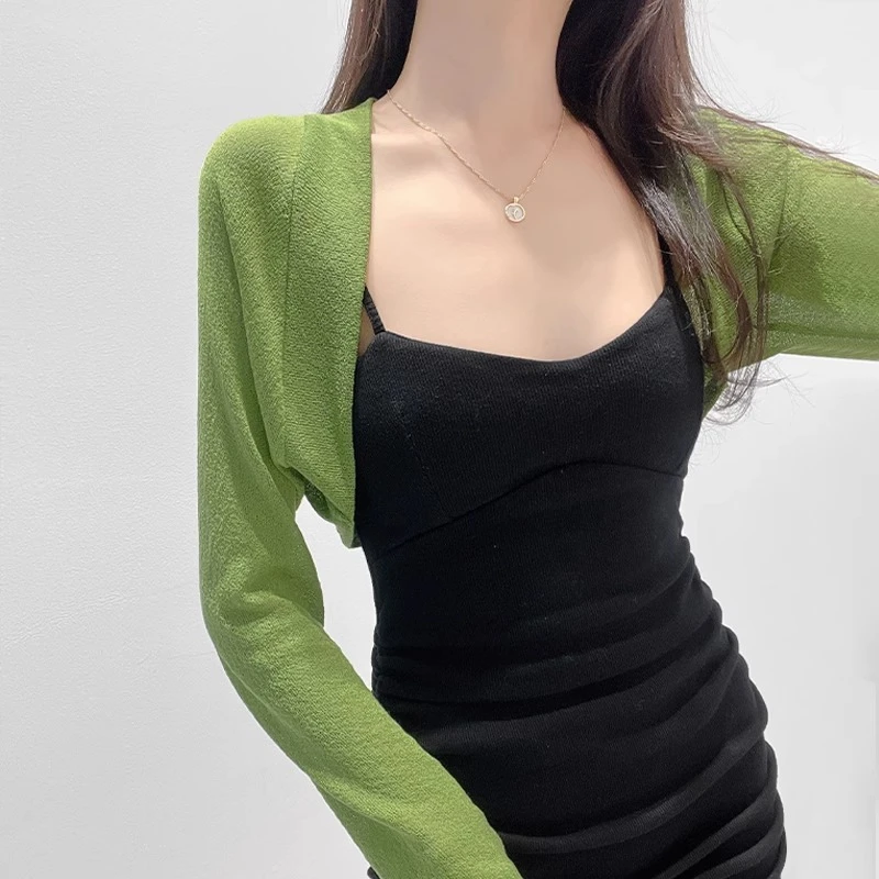 短款针织坎肩长袖女上衣夏季薄款外搭防晒罩衫抹茶绿冰丝披肩开衫