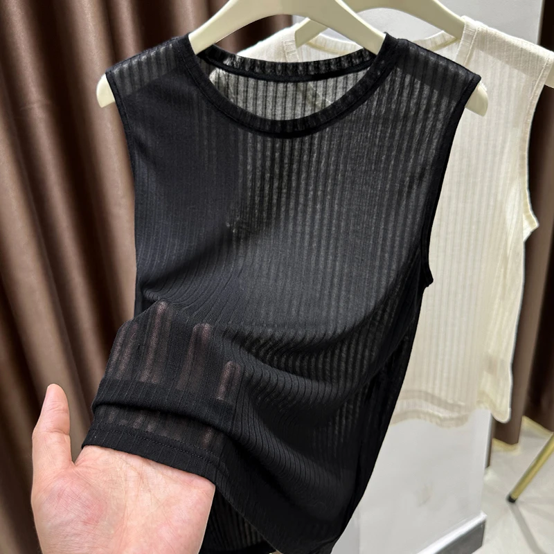 黑色圆领背心女小吊带女薄款打底衫夏季透视气质坎肩修身无袖上衣