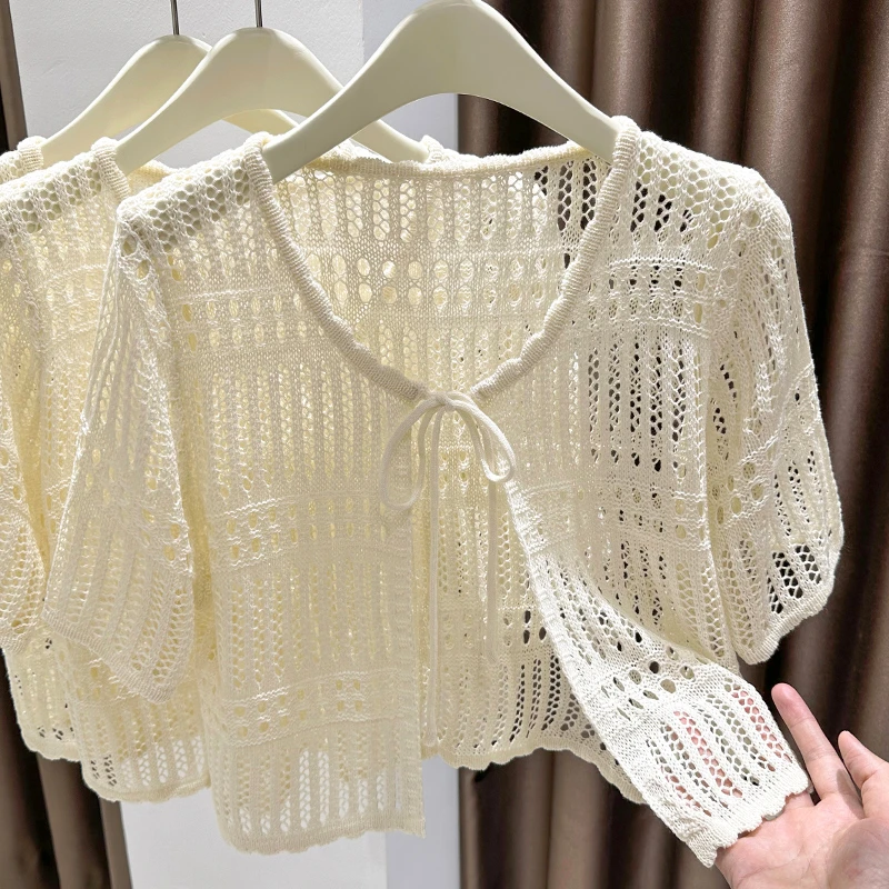 杏色短袖镂空洋气上衣夏季新款系带小开衫防晒小坎肩薄款披肩罩衫