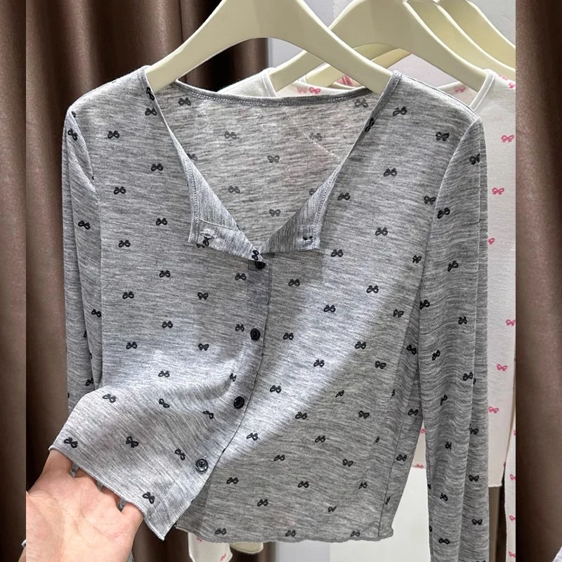 灰色长袖蝴蝶结小开衫女2025新款春季薄款宽松外搭小坎肩薄款上衣