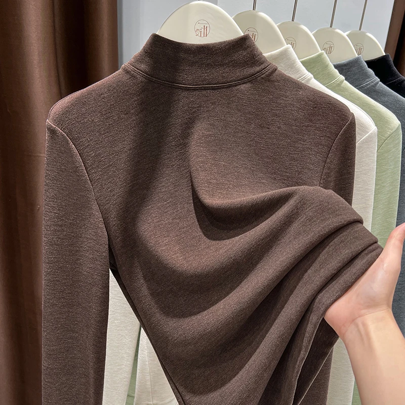 内搭加厚半高领咖色秋冬2025年新款德绒磨毛设计感长袖打底衫上衣
