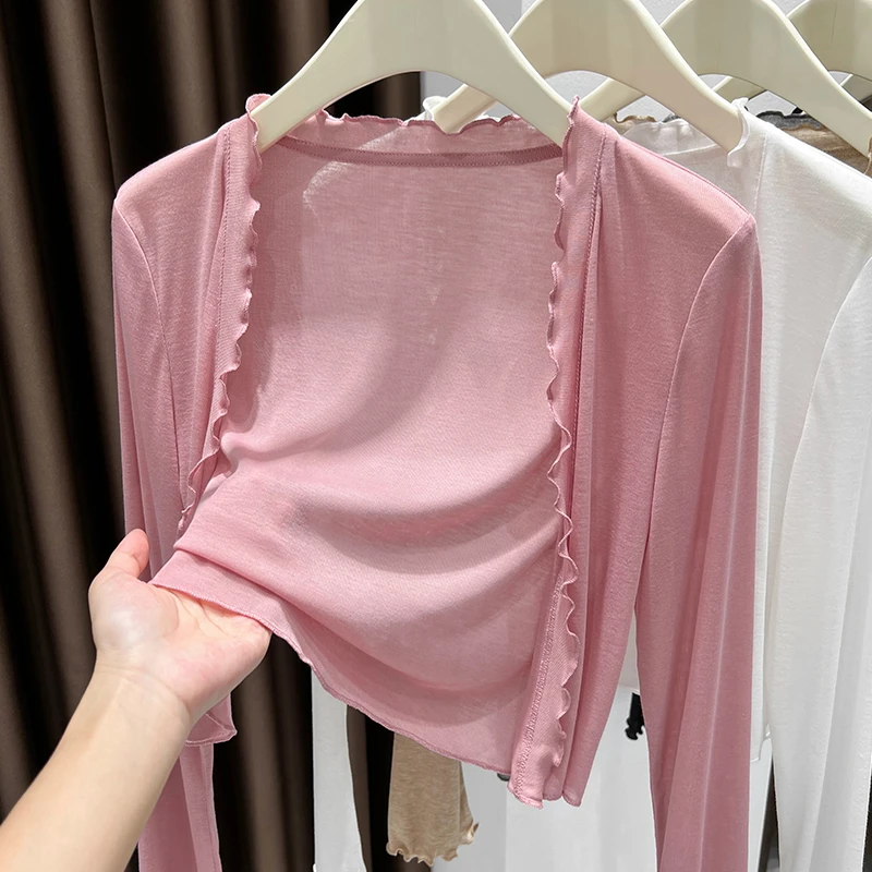 粉色长袖小开衫洋气上衣夏季爆款配吊带裙外搭小坎肩披肩薄款罩衫