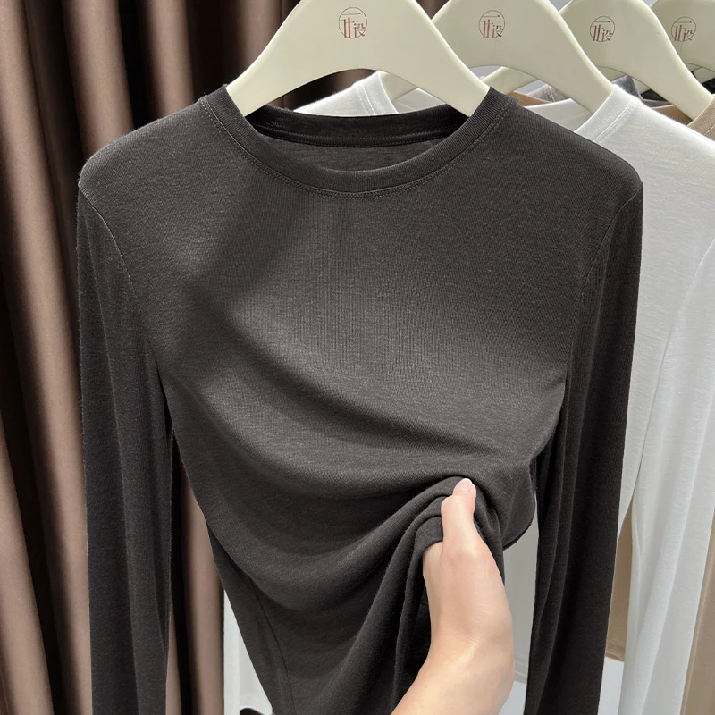 圆领针织衫女2024春季薄款内搭打底衫百搭深咖色长袖套头T恤小衫