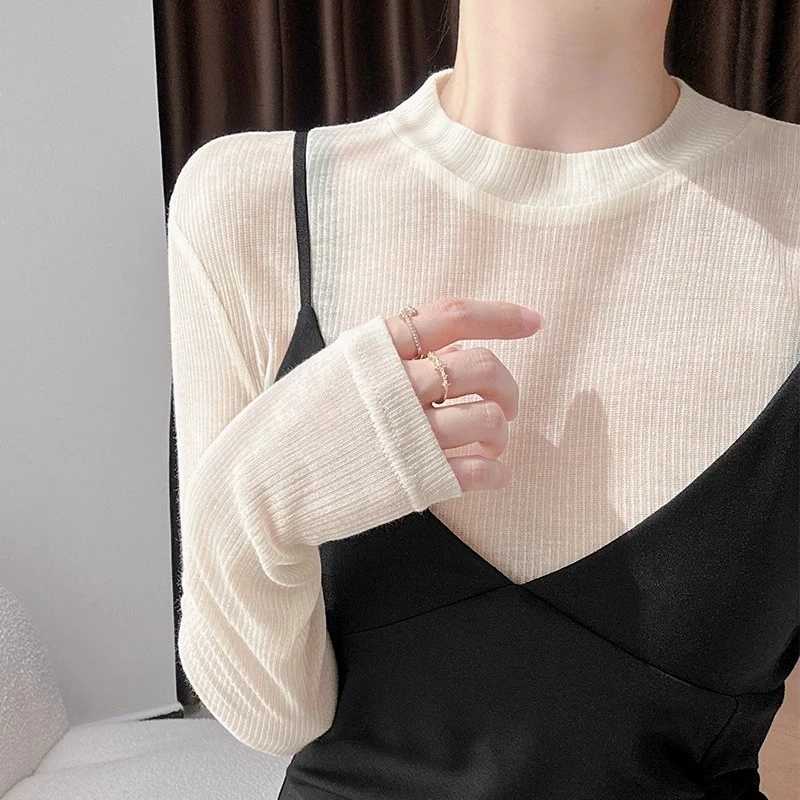 黑色打底衫女爆款2024新款吊带裙内搭薄款长袖t恤薄透细螺纹上衣