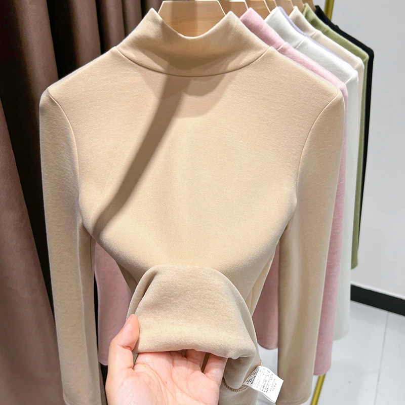 德绒双面磨毛纯色长袖T恤女秋冬款内搭保暖上衣气质半高领打底衫