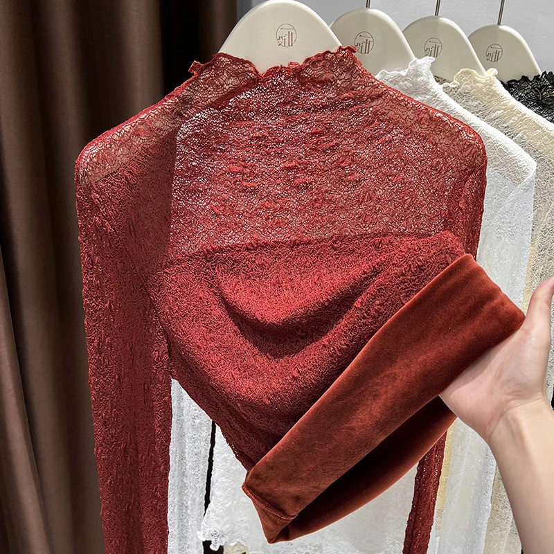 安可拉红蕾丝拼接打底衫女秋冬加绒加厚内搭半高领镂空网纱上衣