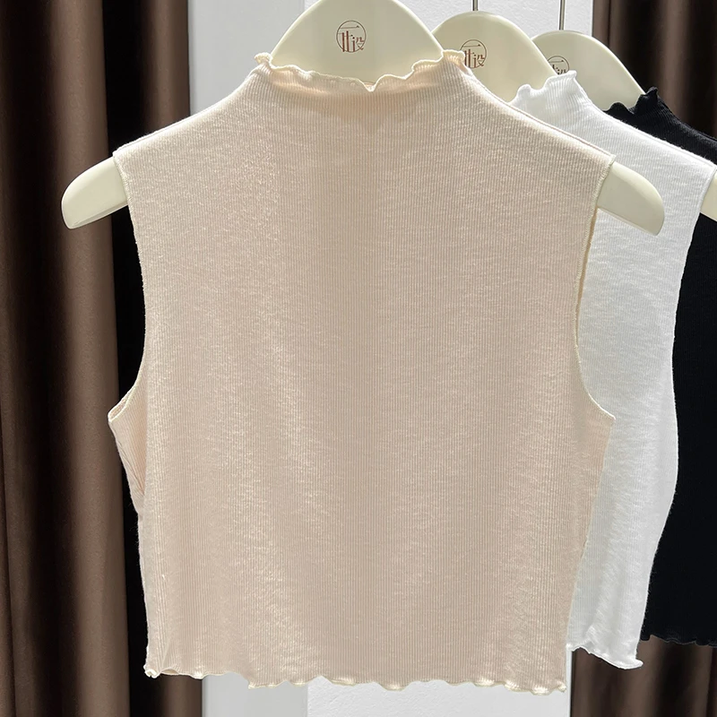 竹节棉杏色无袖内搭叠穿假领子上衣女秋高级感短款木耳半高领背心