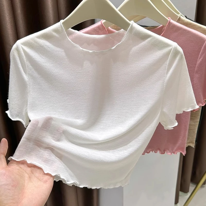 白色木耳边圆领短袖T恤夏季新款微透正肩打底衫薄款修身内搭上衣