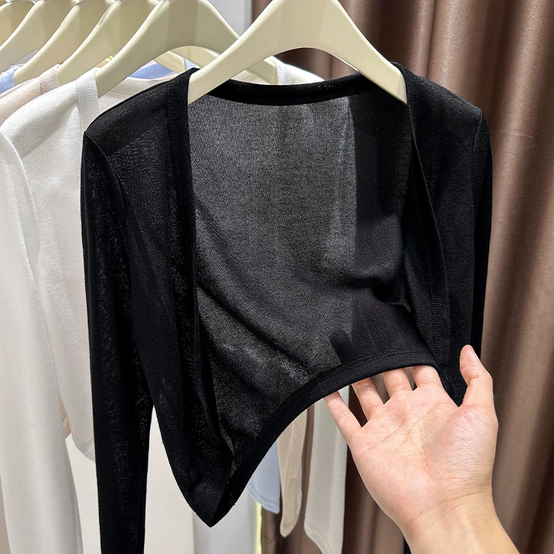 黑色长袖小开衫微透防晒小坎肩女夏季薄款吊带裙外搭披肩短款罩衫