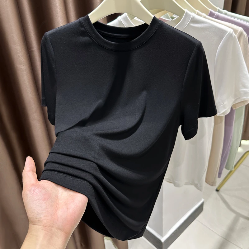 黑色短袖t恤女爆款2025新款夏季薄款正肩圆领宽松基础款纯色体恤
