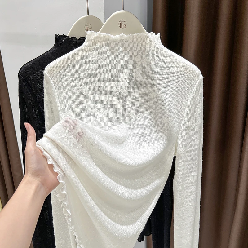 蕾丝半高领打底衫女爆款2025新款秋冬木耳边长袖修身内搭洋气上衣