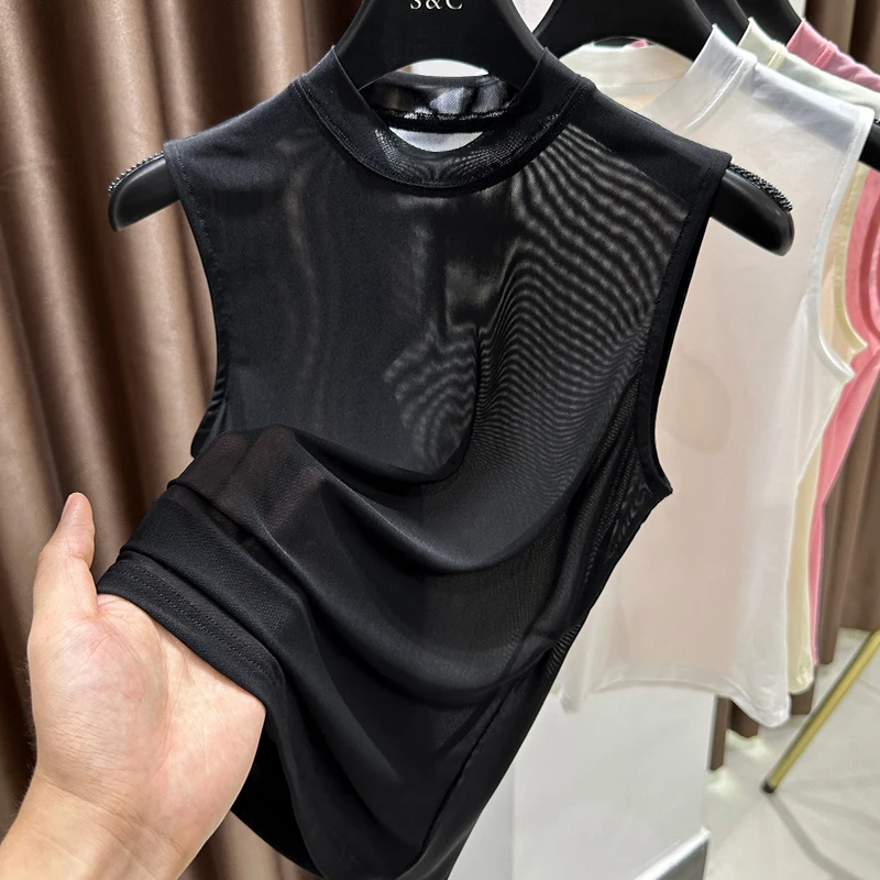 黑色网纱无袖背心坎肩夏季薄纱冰丝修身打底衫正肩T恤打底衫内搭
