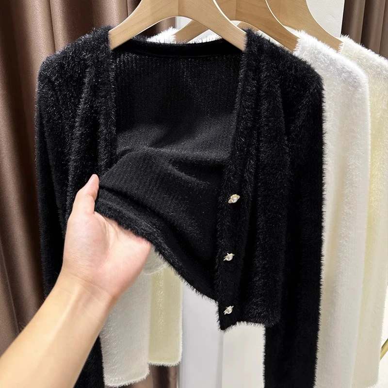水貂绒毛衣开衫外套女2025秋季新款长袖短款毛绒绒百搭纯色上衣