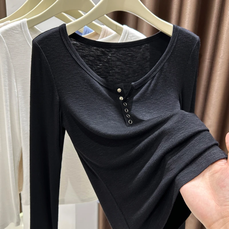 2025新款百搭显瘦纯色休闲圆领可解纽扣修身打底衫正肩女春季上衣