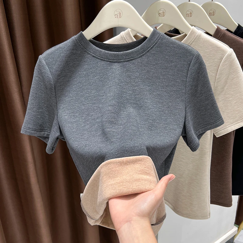 加绒款灰色圆领短袖打底衫上衣女内搭修身双面德绒T恤2025年爆款