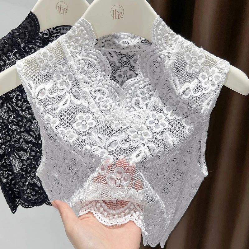 高档无袖蕾丝花朵镂空白色修身假领子上衣女秋季内搭V领网纱背心