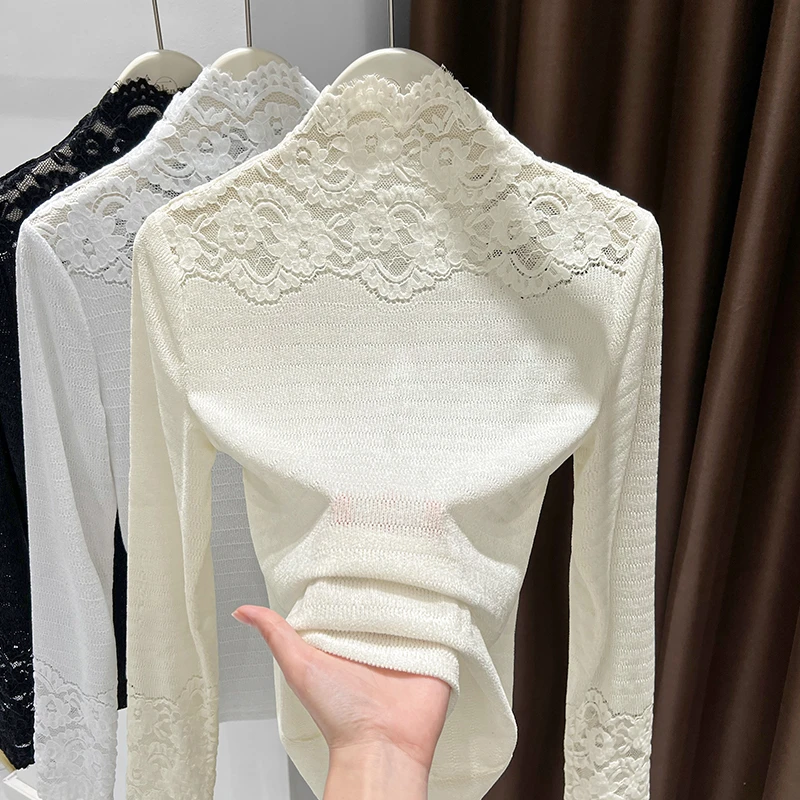 设计感蕾丝高领拼接针织打底衫女2025秋季新款小众长袖内搭上衣