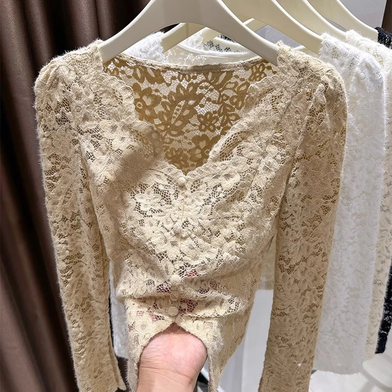 蕾丝打底衫女爆款2025新款秋季长袖保暖内搭网纱v领洋气修身上衣