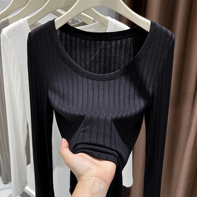 高级感条纹打底衫女2025秋季爆款黑色百搭气质长袖内搭显瘦针织衫