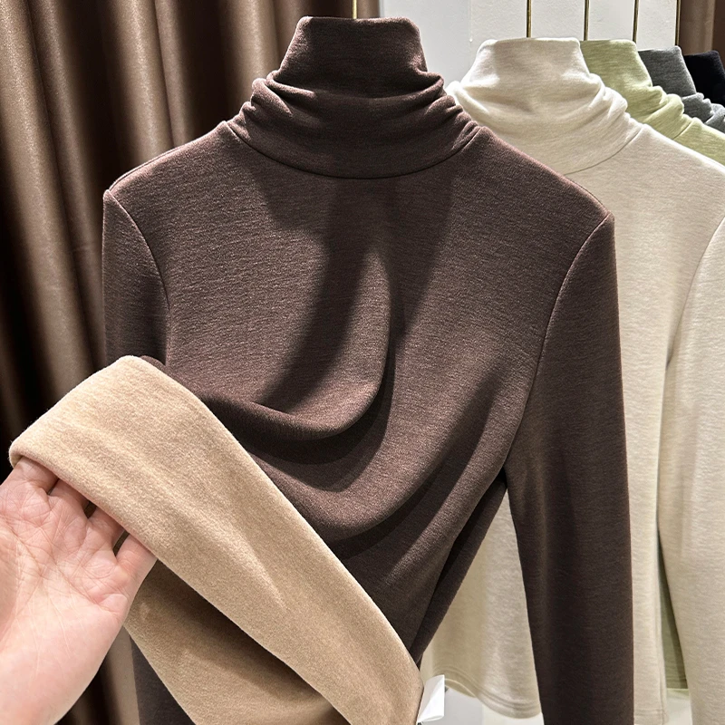 双面德绒打底衫女秋冬咖色内搭修身长袖堆堆高领保暖小众修身上衣