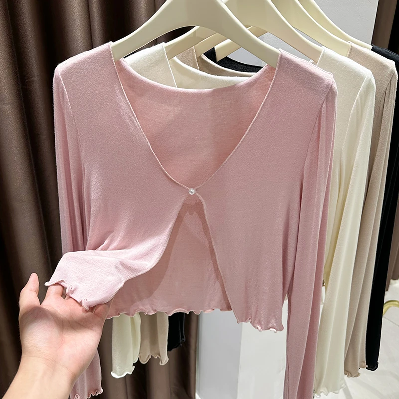 粉色一粒扣针织小开衫女夏季配吊带裙外搭防晒披肩罩衫短外套上衣