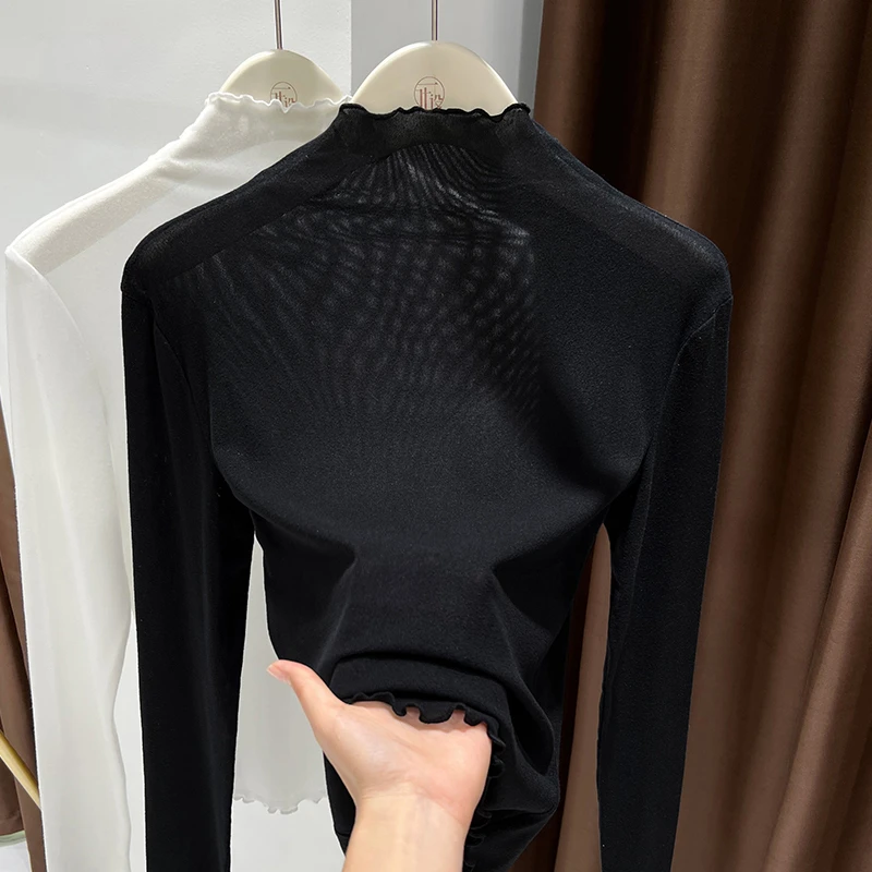 黑色高档磨毛网纱半高领打底衫女秋冬爆款气质薄透长袖木耳边上衣