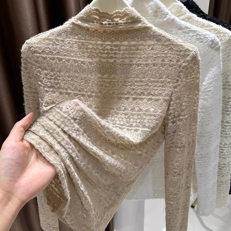 蕾丝打底衫女爆款2025新款秋季长袖半高领高级感洋气网纱内搭上衣
