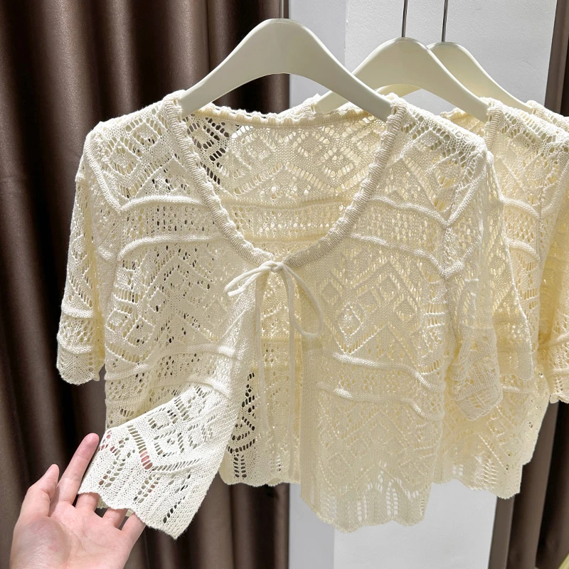 杏色短袖系带小开衫上衣夏季新款镂空小坎肩外搭防晒披肩宽松罩衫