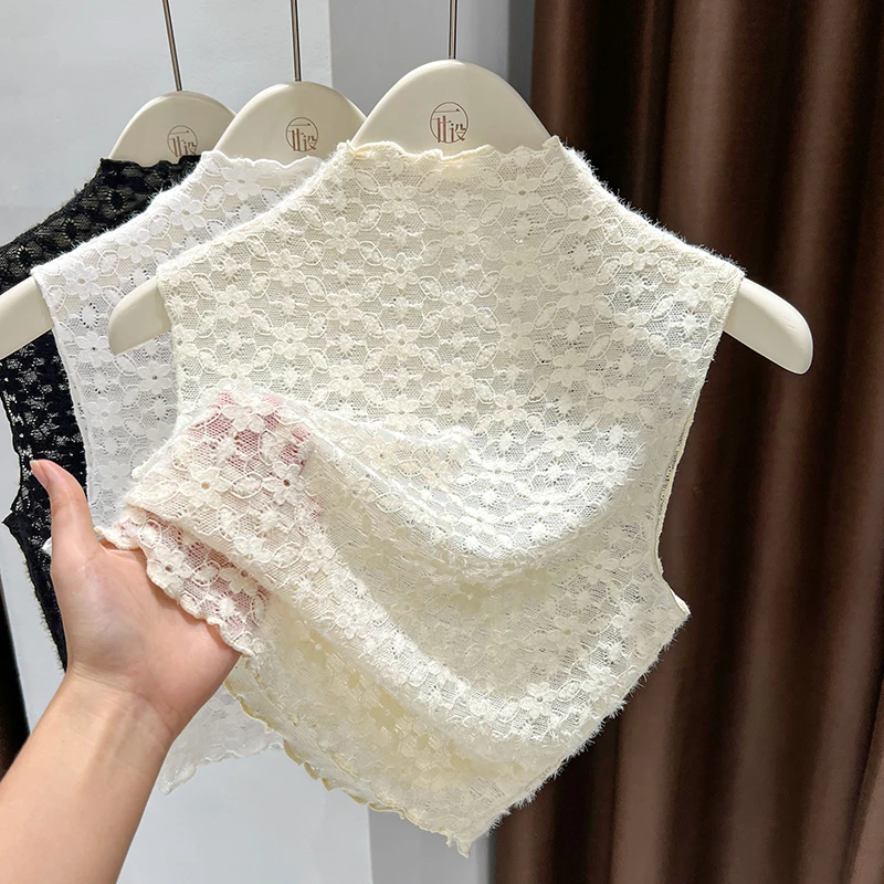 杏色半高领蕾丝网纱打底衫女爆款2024新款秋冬内搭叠穿百搭假领子