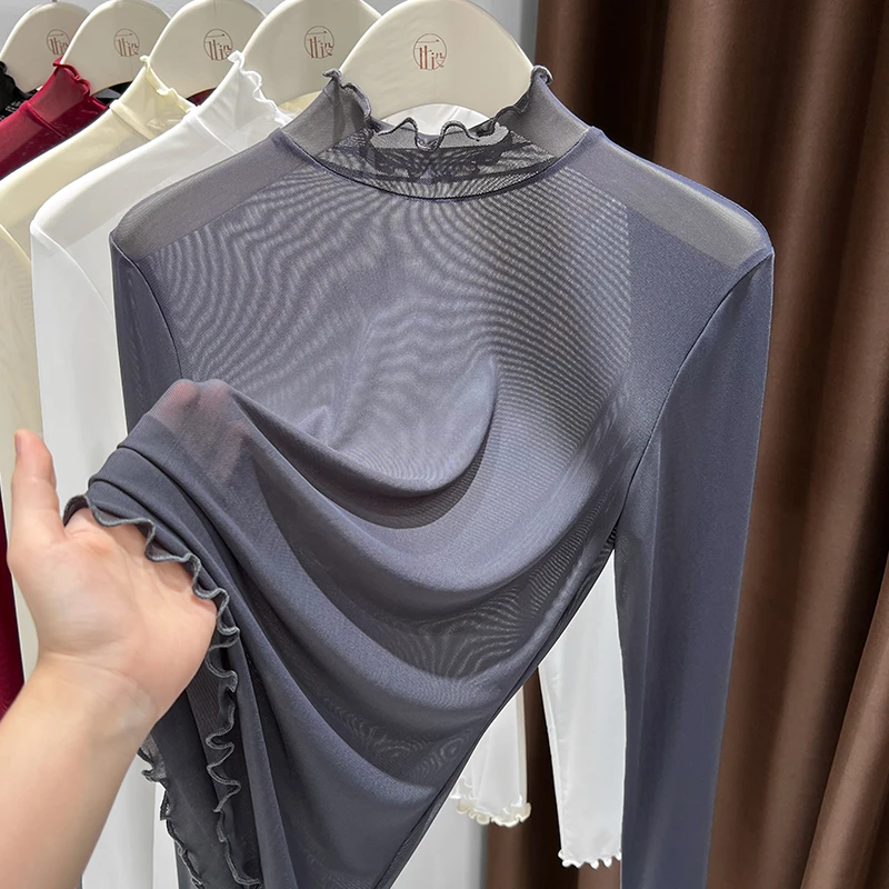 木耳半高领长袖灰色网纱T恤打底衫女春秋季内搭修身薄透蕾丝上衣