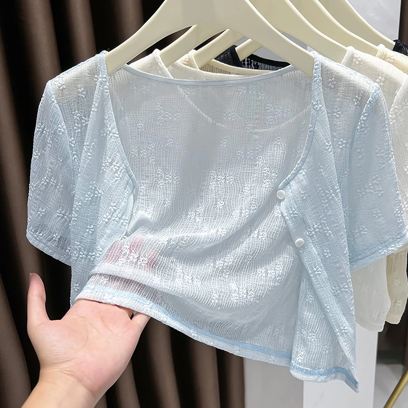 蓝色短袖外搭披肩女配吊带裙蕾丝防晒小开衫薄款短款网纱罩衫上衣