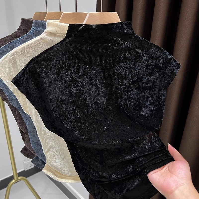 高级感黑色钻石毛无袖T恤女秋季半高领修身显瘦外穿褶皱短款上衣