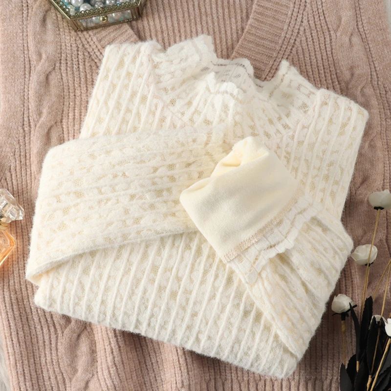 半高领加厚磨毛蕾丝打底衫女加绒秋冬新款洋气内搭小衫网纱上衣女