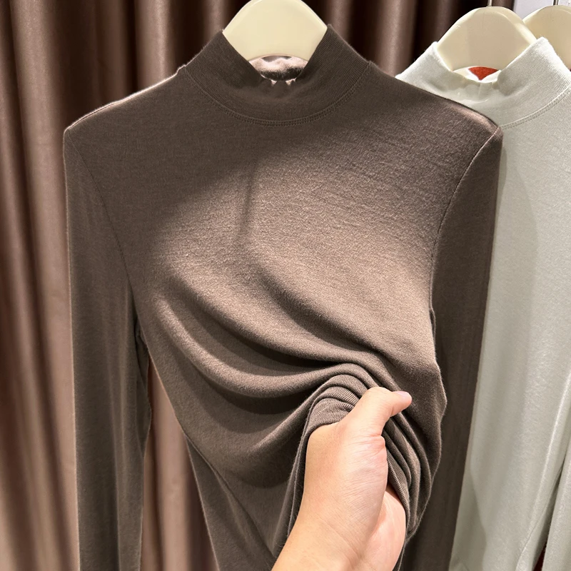 半高领打底衫女基础款内搭百搭长袖薄款T恤秋季新款咖色修身上衣