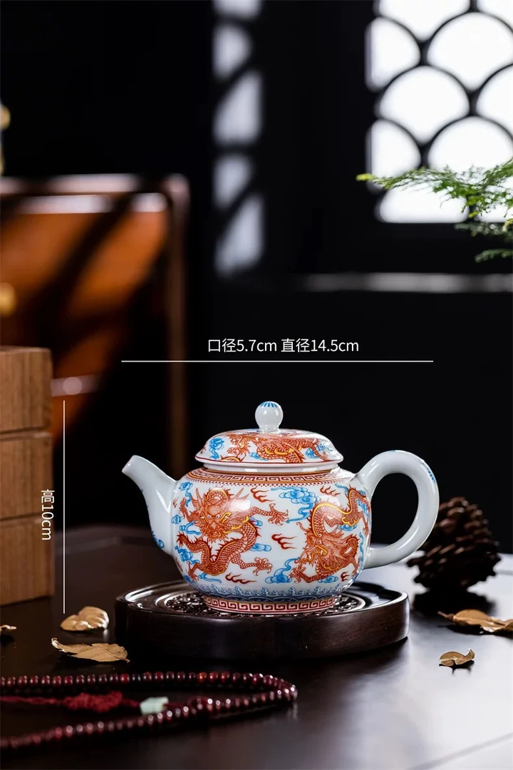 景德镇七丞堂矾红茶壶釉下彩画片工艺中式大号纯手工大容量