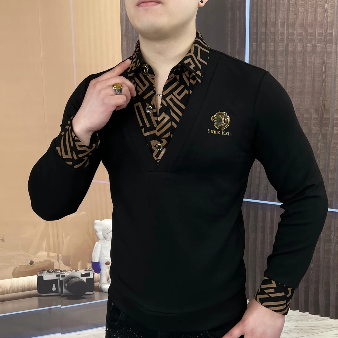 2024新款男士长袖秋季时尚假两件翻领卫衣休闲潮流轻奢CLY-78