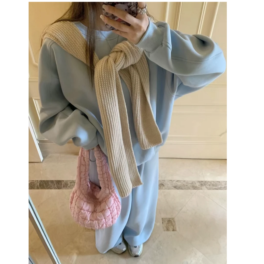 早春奶蓝韩版休闲套装女2025新款围巾圆领宽松卫衣+阔腿裤两件套