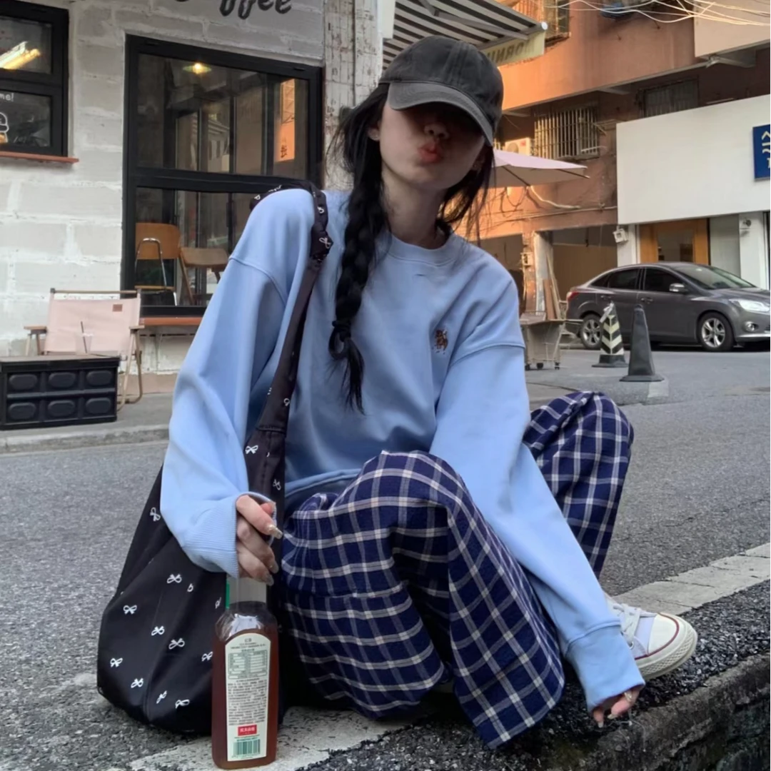 蓝色复古格子休闲裤阔腿裤女夏季高腰慵懒风宽松格纹拖地裤长裤子