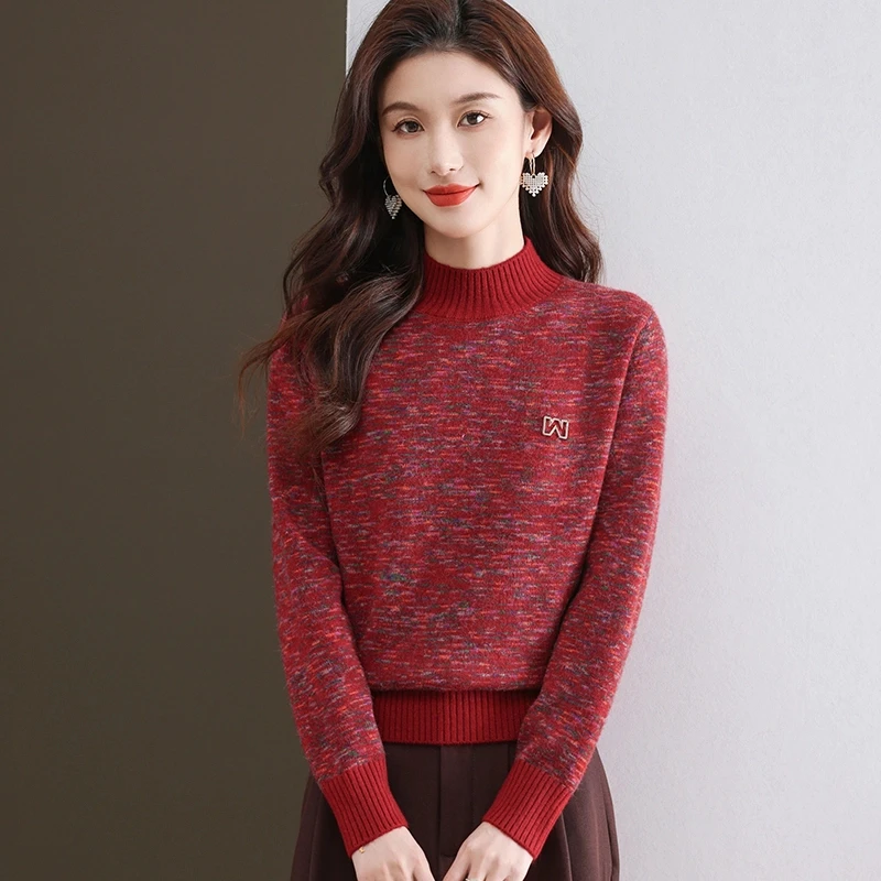 洋气2025年冬季圆领毛衣花纱女士保暖针织衫时尚加厚打底衫女装xp