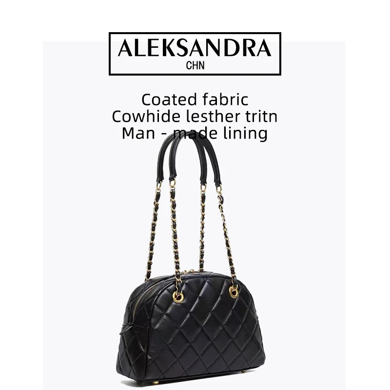 ALEKSANDRA手工打造真皮女包菱格链条大容量腋下包波士顿包