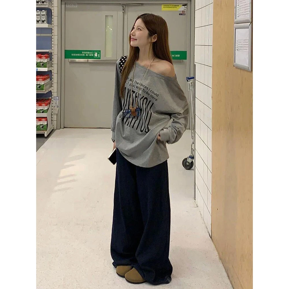 孕妇装套装春秋设计感美式复古一字肩灰色露肩上衣宽松慵懒风卫衣