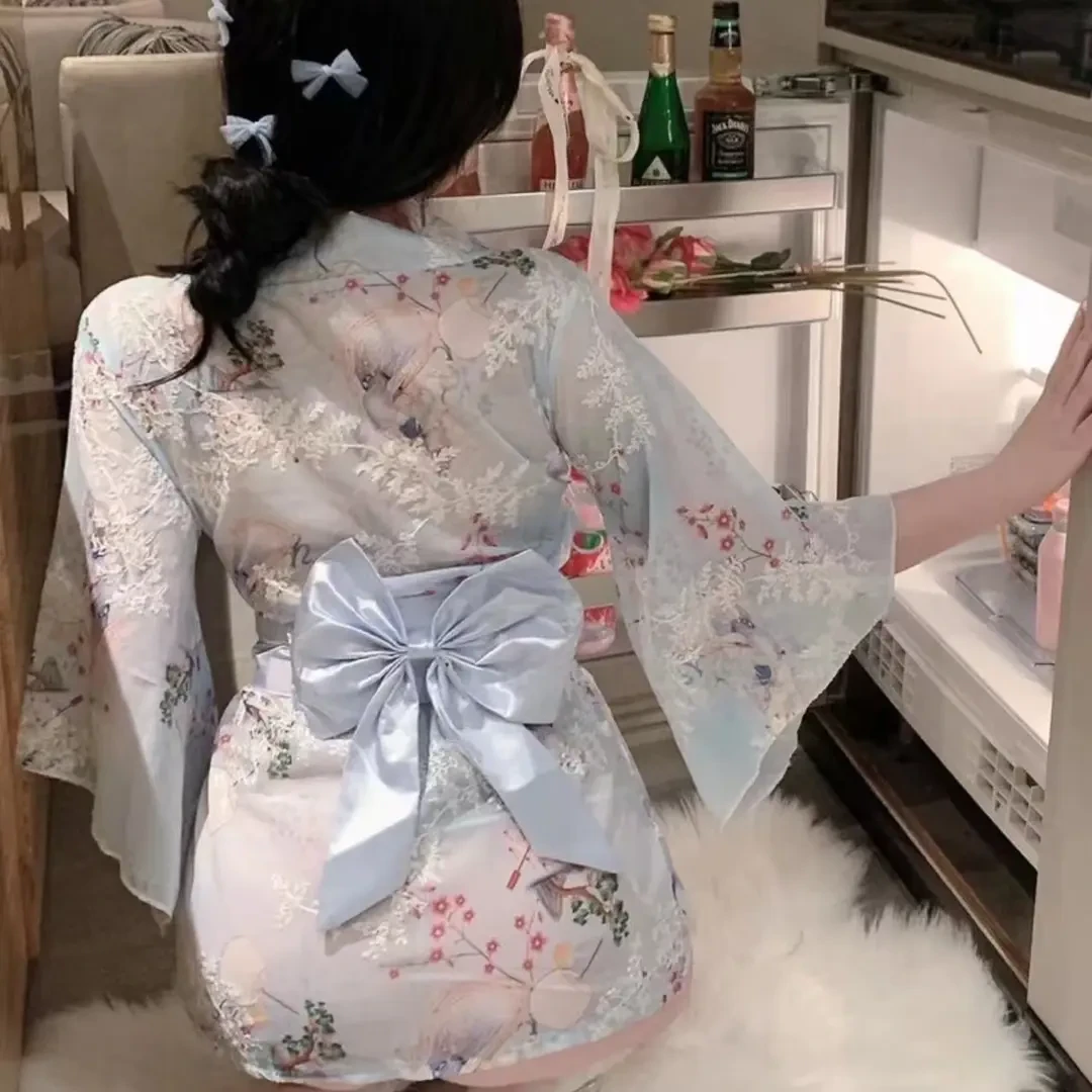 私房日系蕾丝和服少女印花浴袍纯欲风睡裙战袍显瘦网红