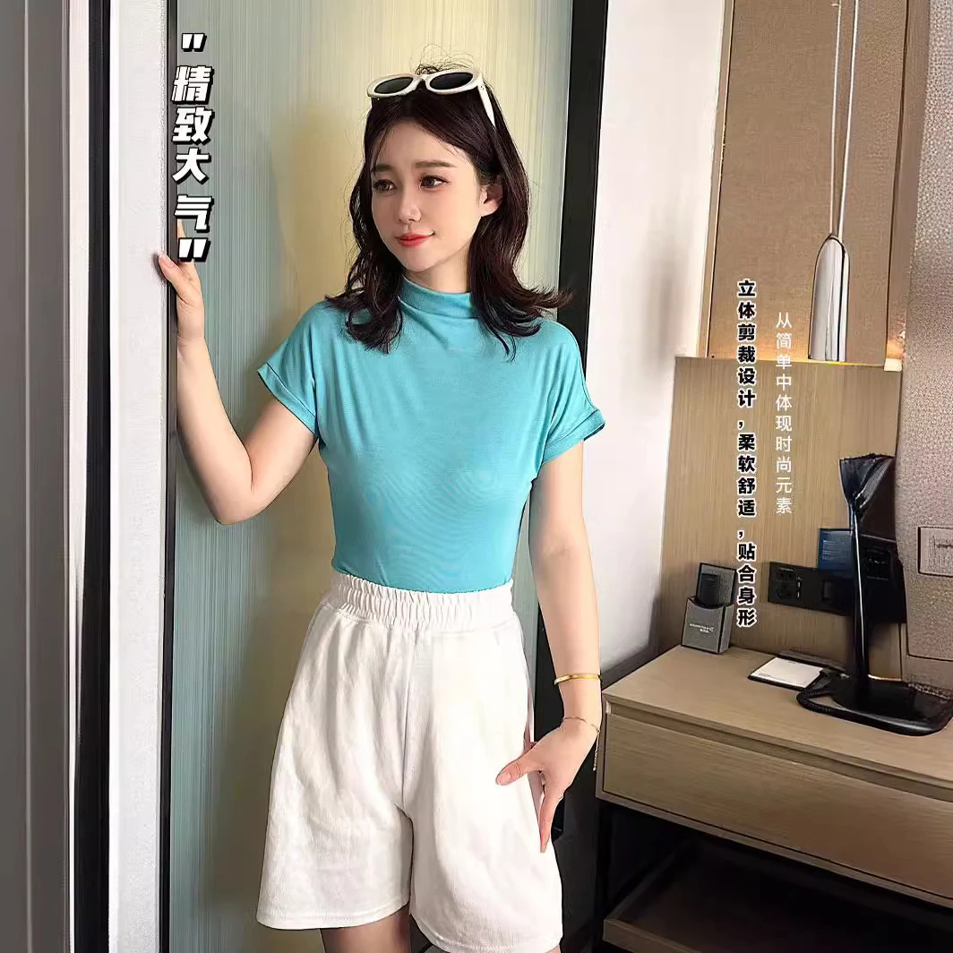夏季半高领打底女飞机衫新款打底衫短袖T恤外穿修身小衫气质上衣